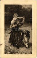 1909 Bons Camarades / Gute Freunde / Children art postcard with dog s: A. J. Elsley (fa)