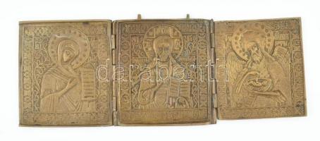 Orosz triptichon, utazó ikon, kinyitható bronz, kopott, 14x36 cm