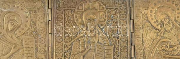 Orosz triptichon, utazó ikon, kinyitható bronz, kopott, 14x36 cm