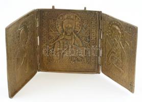 Orosz triptichon, utazó ikon, kinyitható bronz, kopott, 14x36 cm