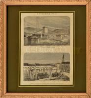 Árvízképek 1876-ból. Rotációs fametszet, papír. Dekoratív, kissé sérült, üvegezett keretben, 34x23 cm