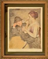 Glatz Oszkár (1872-1958): Buborékfújás (cím nélkül). Színezett rézkarc, papír, jelzett. Dekoratív, üvegezett keretben, kisebb felületi sérüléssel / ázásnyommal, 34,5x27 cm