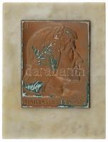 Pátzay Pál (1896-1979) ~1940. Mathias Rex Hungariae (Mátyás király) egyoldalas bronzozott Al emlékplakett (77x60mm) márványtalapzathoz erősítve, melynek alján sérült szövet (123x92mm) T:2 patina, kopott bronzozás