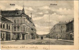 1906 Kassa, Kosice; Fő utca, villamos, Spiegel Jakab és Csupka Lajos üzlete / main street, tram, shops