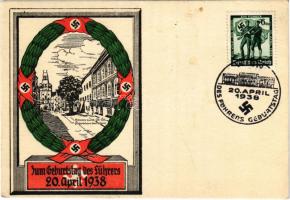 1938 Zum Geburtstag des Führers. Braunau am Inn, Geburtshaus des Führers / Birthday and birth house of Adolf Hitler, NSDAP German Nazi propaganda + So. Stpl