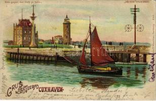 1900 Cuxhaven, Gruss aus dem Nordseebad. Meteor Bitte gegen das Licht zu halten / hold to light litho