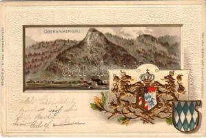 1900 Oberammergau. Verlagshaus Salis Passepartoutkarte / coat of arms. Embossed Art Nouveau, litho