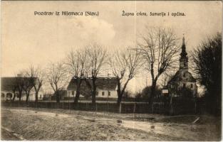 1910 Csótnémeti, Njemci, Nijemci; Pozdrav iz Nijemaca (Slav.), Zupna crkva, sumarija i opcina. A. Gomercic fotograf / templom és községháza / church, town hall (EK)