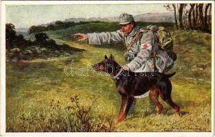 Kutass sebesült után! / K.F.A. Sanitätshunde. Such Verwund! / WWI Austro-Hungarian K.u.K. military art postcard, soldier with sanitary dog s: E. Ranzenhofer