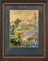 O. Haske v, O. Laske elzéssel, XX. sz. első fele: Virágos tópart. Akvarell, papír. Dekoratív, régi üvegezett fakeretben. 3,0x23,5 cm