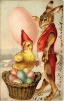 1902 Easter greeting art postcard with rabbit, chicken and eggs. litho (szakadások / tears)