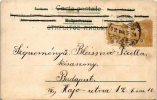 1902 Easter greeting art postcard with rabbit, chicken and eggs. litho (szakadások / tears)