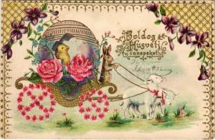1906 Boldog húsvéti ünnepeket! / Easter greeting art postcard with chicken in a chariot, rabbit and sheep. Art Nouveau, Floral, Emb. litho (b)