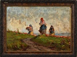 Rákosi Uitz János (1887-?): Aratók. Olaj, karton, jelzett. Dekoratív fakeretben, 23×34 cm