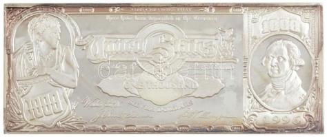 Amerikai Egyesült Államok 1996. One Thousand Silver Dollars kétoldalas jelzett, bankjegy mintára készült Ag plakett sérült kapszulában, díszdobozban, peremén 738 sorszámmal (497,74g/0.999/152x64mm) T:1 (eredetileg PP) patina, fo. / USA 1996. One Thousand Silver Dollars two-sided, marked, banknote-look Ag plaque in damaged capsule, in case, with 738 number on the edge (497,74g/0.999/152x64mm) C:UNC (originally PP) patina, spotted