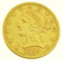 Amerikai Egyesült Államok 1899S 5$ Au Liberty műanyag tokban (8,34g/0.917/21mm) T:2 / USA 1899S 5 Dollars Au Liberty in plastic case (8,34g/0.917/21mm) C:XF Krause KM#101