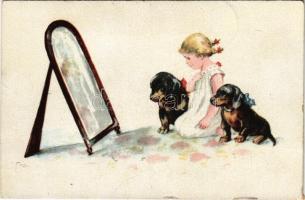 Kislány tacskó kutyákkal / Girl with Dachshund dogs. WSSB No. 5448. + 1938 Kassa visszatért So. Stpl
