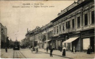 Újvidék, Novi Sad; Kossuth Lajos utca, villamos, Krausz Dávid, Schwarz Vilmos üzlete / street view, tram, shops (Rb)