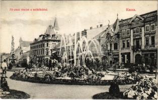 1908 Kassa, Kosice; Fő utca, szökőkút, Magyar Bazár, Breuer, Jassik Lajos üzlete. Nyulászi Béla kiadása / main street, fountain, shops