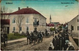 1918 Kőrös, Krizevac, Krizevci; Sermagieva ulica / utca / street view, horse-drawn carriages (Rb)