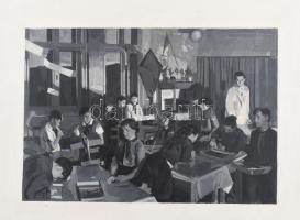 Jelzés nélkül: Diákok az osztályteremben (szocreál életkép). Olaj, farost. 20,5x30 cm