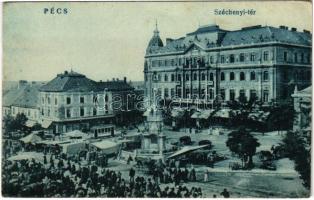 Pécs, Széchenyi tér, villamos, Takarékpénztár, piac (EK)