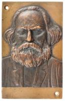 ~1980. Karl Marx portréját ábrázoló, egyoldalas öntött bronz plakett, felfüggesztést segítő lyukakkal a sarkokban (132x83mm) T:2  ~1980. One-sided cast bronze plaque depicting the portrait of Karl Marx, with holes for suspension in the corners (132x83mm) C:XF