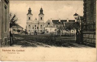 1902 Kiscell, Celldömölk; Templom tér. Radó J. kiadása (ázott / wet damage)