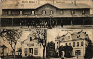 1932 Zákány, Vasútállomás, Gróf Zichy kastély, utca részlet, Kaszap János üzlete. Falus felvétele (EB)