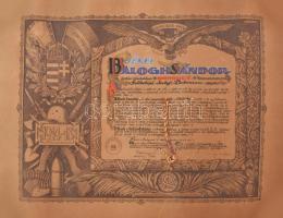 1925 I. világháborús részvételért adott emlék oklevél a M. kIr. Hadtörténelmi Levéltár kiadása. Pergamen, kézzel rajzolt. Jó állapotban. 57x42 cm