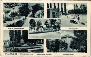 1942 Fonyód, Főút, vasútállomás, Fövenyfürdő, strand, fürdőzők, park, Sándortelepi nyaralók, villa, Drechsler szálloda (Rb)
