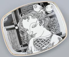 Hollóházi Szász Endre által tervezett mintával díszített porcelán tálka. matricás, jelzett, hibátlan 14x12 cm