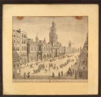 Kilátás a londoni börzére, Royal Merchants Square-re (Prospectus platae regiae mercatorum), 1760 körül. Rézmetszet, papír, jelzés nélkül, foltos, 36x49 cm. Üvegezett fakeretben.