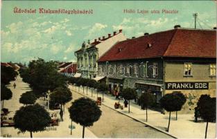 1914 Kiskunfélegyháza, Holló Lajos utca, Piac tér, gyógyszertár, Frankl Ede, Frank Henrik, Karpelesz Ede, Feuer Adolf és Keleti Adolf üzlete