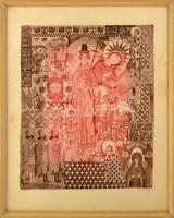 Győry Miklós (1905-1995): Szentek (cím nélkül). Színes rézkarc, papír, jelzett, foltos, üvegezett fakeretben, 59,5x49 cm