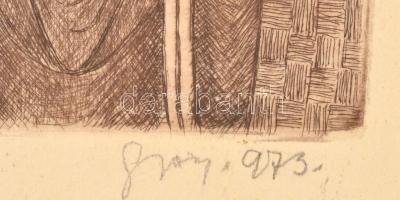 Győry Miklós (1905-1995): Szentek (cím nélkül). Színes rézkarc, papír, jelzett, foltos, üvegezett fa...