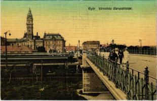 Győr, Városház, Baross híd a vasúti sínek felett. Berecz Viktor kiadása