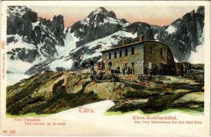 Tátra, Magas-Tátra, Vysoké Tatry; Kis-Tarpatak, Téry menedékház az Öt-tónál, magyar zászló. Kiadja Feitzinger Ede 496. Auto-Chrom / Klein-Kohlbachtal. Das Téry Schutzhaus bei den fünf Seen / chalet, tourist house, Hungarian flag (EK)