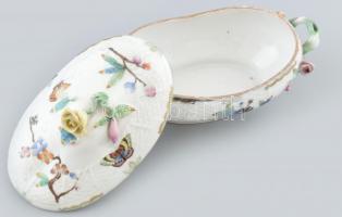 Antik herendi, Viktória mintás bonbonier, kopásokkal, lepattanásokkal, jelzett, 18x9cm