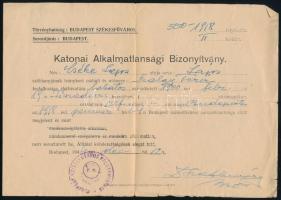 1942-1944 Katonai iratok: alkalmatlansági bizonyítvány, dicséret kitüntetés alkalmából, 2 db