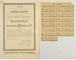 Ukrajna / Csernyivci 1887. Bukovinai helyi vasút részvénye 200G-ről német nyelven szelvényekkel T:III szakadások / Ukraine / Czernowitz 1887. Bukowinaer Localbahnen share about 200 Gulden with coupons C:F tears