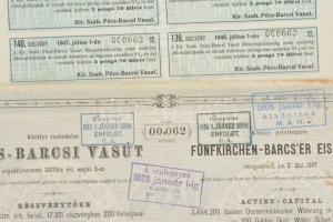 Buda-Pest 1868. "Pécs-Barcsi vasút" részvénye 200Ft értékben szárazpecséttel, szelvényekke...