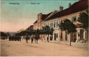 Szentgyörgy, Sankt Georgen, Svaty Jur pri Bratislave, Sväty Jur (Pozsony); Közép utca, katonai felvonulás, Fischhof István üzlete és saját kiadása / street, shop, marching soldiers