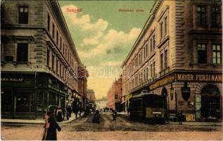 1910 Szeged, Kelemen utca, Mayer Ferdinánd és fia üzlete a Nagy ásóhoz, villamos