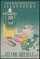 Boór Vera (1923-?) Ajándékozzon illatszert az Állami Áruház-ból, villamosplakát, Magyar Hirdető, Typopress, 23,5x16 cm