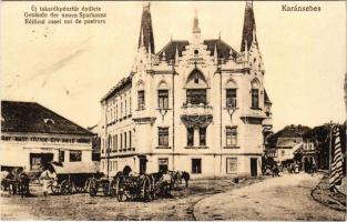 Karánsebes, Caransebes; Új takarékpénztár épülete, Özv. Halle Mórné dohány nagy tőzsde üzlete. Halász Nándor kiadása / savings bank, shop