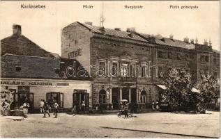 Karánsebes, Caransebes; Fő tér, gyógyszertár, Pataky Árpád üzlete, Halász Nándor üzlete és saját kiadása / Hauptplatz, Apotheke / Piatia principala / main square, pharmacy, shops