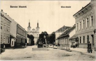 1909 Illava, Illau, Ilava; utca, kerekes kút, üzletek, templom / street, shops, well, church