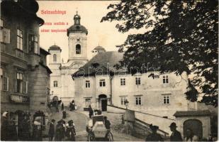 Selmecbánya, Schemnitz, Banská Stiavnica; Piarista rendház, német templom, fodrász terem üzlete. Grohmann 506. / monastery, German church, hairdresser shop (fl)