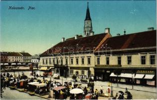 Kolozsvár, Cluj; Piac, Kereskedelmi Részvénytársaság, Marusán, Stein János üzlete. Lepage Lajos kiadása / market, shops